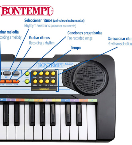 Set of six Bontempi electronic toy pianos, colorful mini musical instruments for children, measuring 42x5x16 cm each.