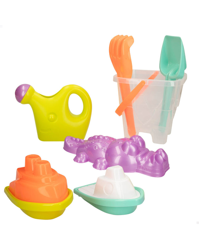 Colorbaby strandspeelgoedset with 12 colorful pieces, ideal for outdoor play and sports, measuring 18 x 17 x 18 cm.