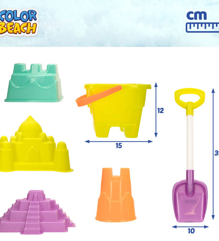 Colorbaby strandspeelgoedset with 15 colorful pieces, ideal for outdoor play and sports, shown in a bright children's play area.