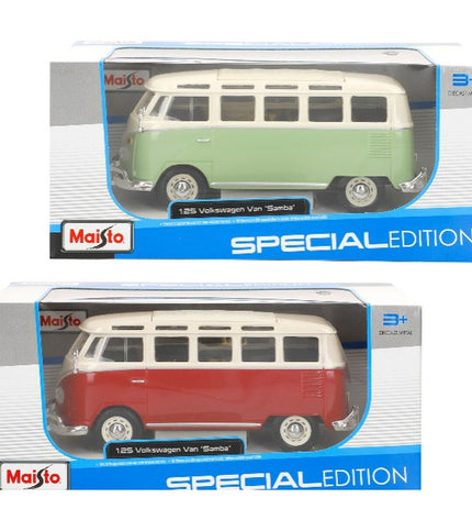 Set of four Volkswagen toy buses, colorful miniature vehicle toys from the Volkswagen brand, perfect for play or collection.