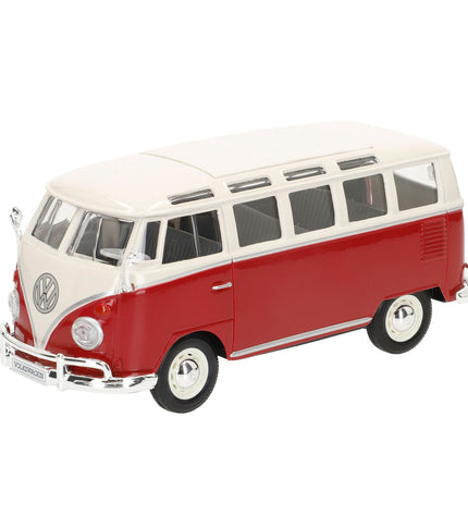 Set of four Volkswagen toy buses, colorful miniature vehicles from the Volkswagen toy and game vehicle collection.
