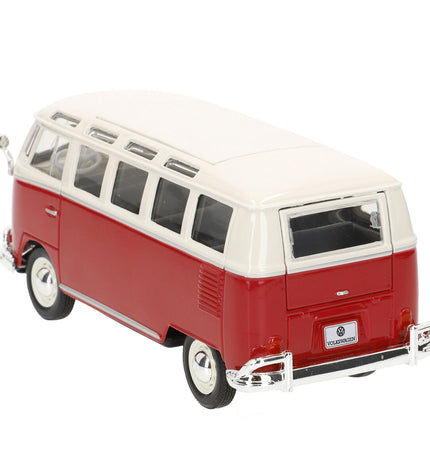 Set of four Volkswagen toy buses, colorful miniature vehicles for play and collection, made by Volkswagen.