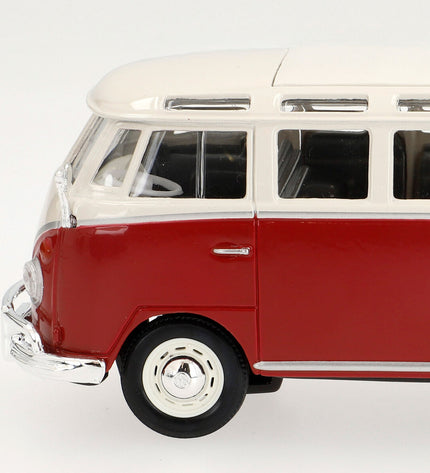 Set of four Volkswagen toy buses, colorful miniature vehicles for play and collection, featuring detailed design and branding.