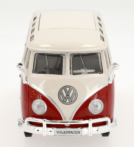 Four Volkswagen bus toy vehicles in bright colors, perfect for play and collection, showcasing detailed miniature design.