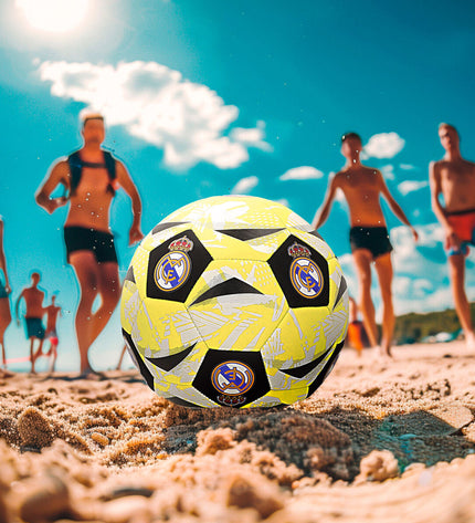 Set of 12 Real Madrid C.F. beach volleyballs featuring team logo and bold colors, ideal for outdoor sports and beach games.