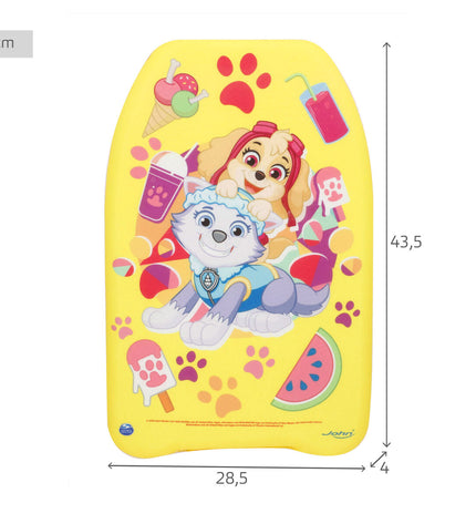 Colorful Paw Patrol bodyboard measuring 43.5 x 4 x 28.5 cm, designed for water sports and outdoor fun.