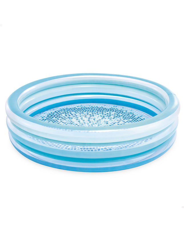 Six Intex inflatable children's swimming pools, 147x147x33 cm, suitable for outdoor play and water fun.
