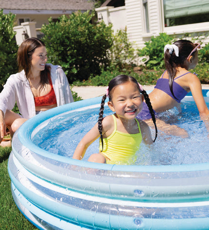 Six Intex inflatable children's pools, 147 x 33 x 147 cm, outdoor toy for kids, bright blue and colorful design.