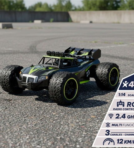 Two Speed & Go remote-controlled car motors, showing the toy vehicle parts and controls in a playful setting.