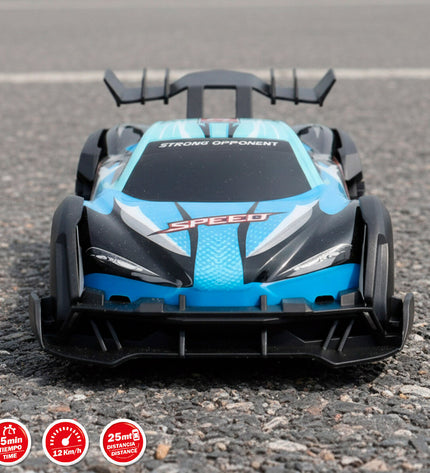 Four Speed & Go remote-controlled toy cars with motor speed controls, parked on a surface, ready for play.