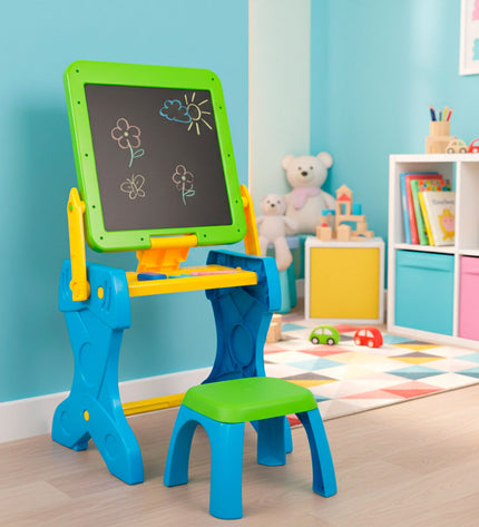 Two Colorbaby 2-in-1 colorful boards for creative activities, measuring 39x74x33 cm, shown with vibrant designs for children.