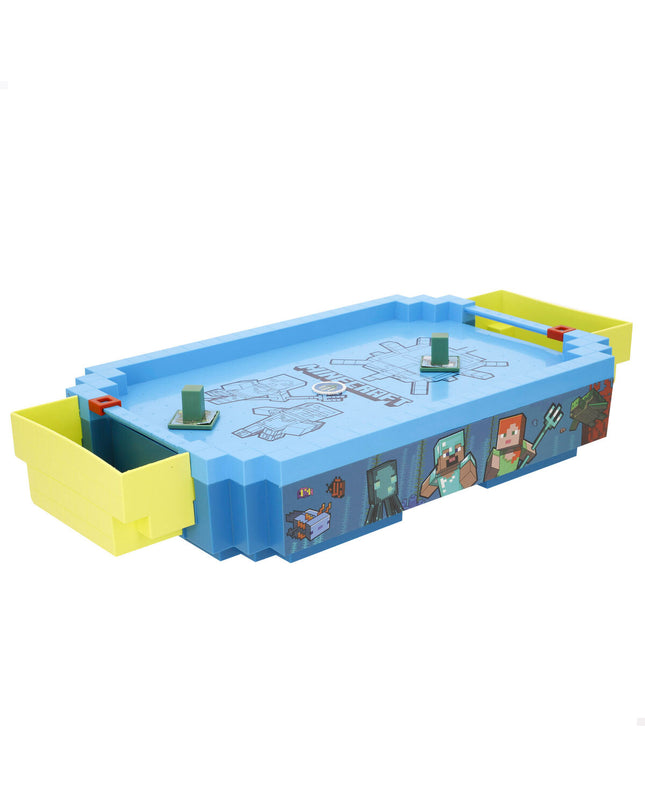 Minecraft hockeytable set with two mini game tables featuring Minecraft-themed designs, measuring 44x8x22.5 cm, suitable for kids.