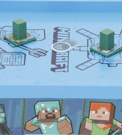 Minecraft hockey table set with two small game boards, featuring pixelated Minecraft design in 44x8x22.5 cm size.