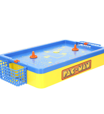 Two Pac-Man hockey tables, 42x7.5x23 cm, toy game accessories, featuring colorful Pac-Man branding and detailed game surfaces.