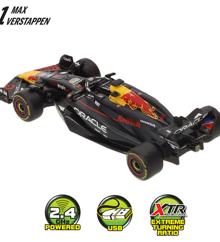 Four Red Bull police car toys with remote controls, colorful toy vehicles for children, in a playful scene.