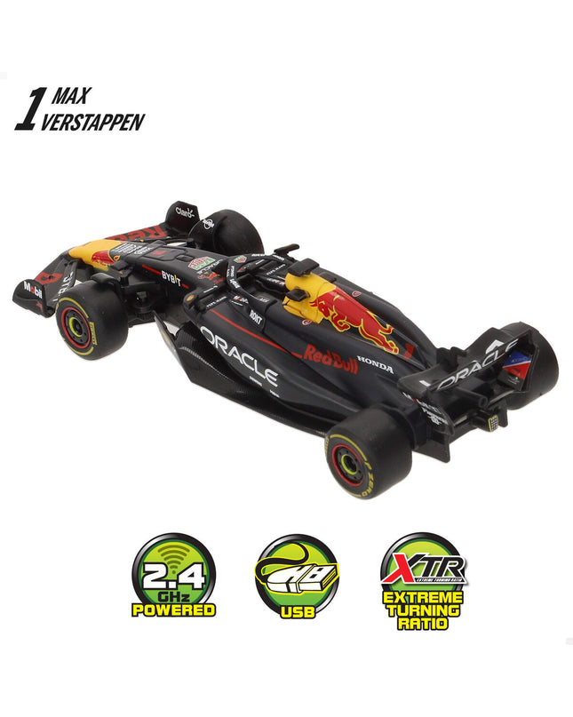 Four Red Bull police car toys with remote controls, colorful toy vehicles for children, in a playful scene.