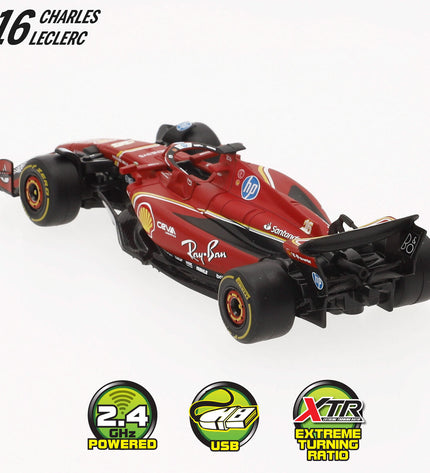 Set of four Audi F1 2024 Ferrari SF-24 remote control toy cars in black and red, detailed vehicle models for play and display.