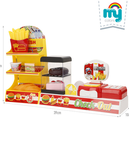 Colorbaby play supermarket set with two colorful plastic carts, measuring 39x21x10 cm, perfect for imaginative toy shopping games.