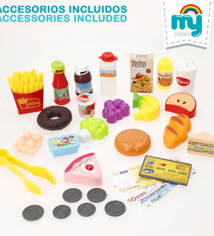Colorbaby toy supermarket set with two colorful play food units, measuring 39x21x10 cm, for imaginative pretend play.