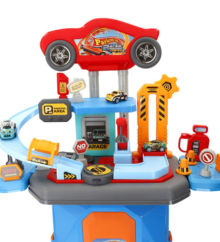 Two Speed & Go portable garage toy sets with dimensions 47x66x24 cm, featuring colorful play areas and miniature vehicles.