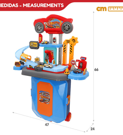 Two Speed & Go portable garage playsets measuring 47x66x24 cm, toy garages designed for kids' action figure play.