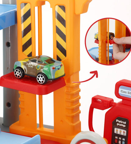 Two Speed & Go garage toy playsets, 47x66x24 cm, featuring colorful garage structures and toy cars for kids' play.