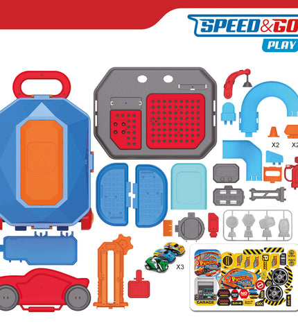 Pair of Speed & Go portable garage playsets, 47x66x24 cm, toy storage and display for action figures and toy cars.
