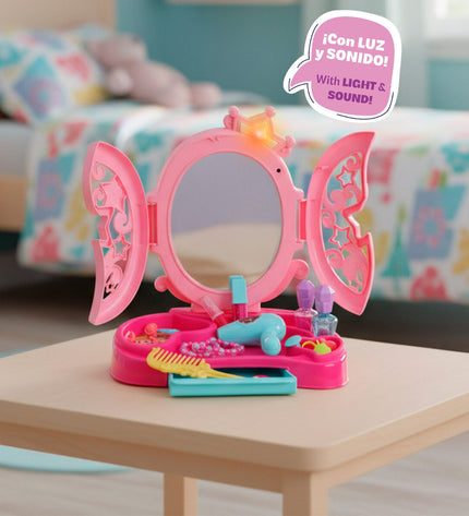 Colorbaby toy vanity set with four miniature play tables, featuring colorful surfaces and mirror details for imaginative play.