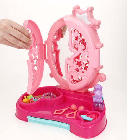 Colorbaby toy dressing table set with four miniature play furniture pieces, featuring pink and purple accents, perfect for imaginative play.