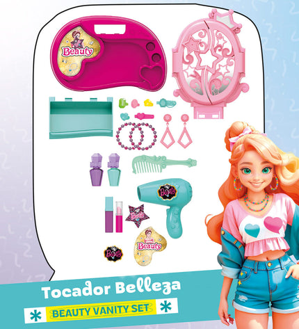 Colorbaby toy dressing table set with four miniature play tables, featuring mirrors and colorful designs for imaginative play.