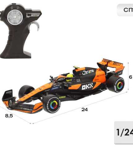 Set of four McLaren remote control police cars, each 24x6x8.5 cm, detailed toy vehicles for kids in vibrant police car design.