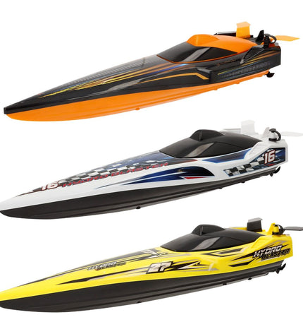 Six Maisto remote-controlled toy boats displayed on a surface, showcasing their sleek design and vibrant colors.