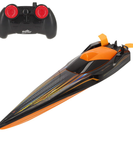 Six Maisto remote-controlled toy boats in various colors on a water surface, designed for fun and play.