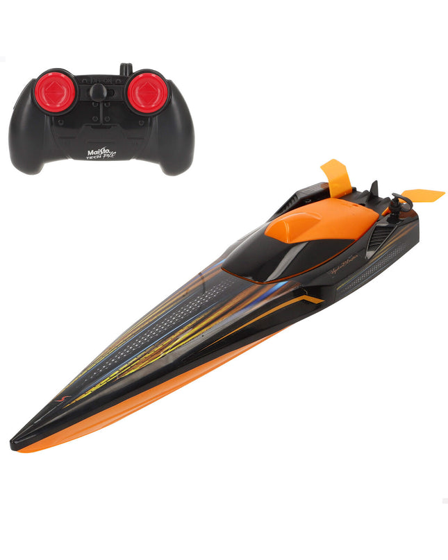 Six Maisto remote-controlled toy boats in various colors on a water surface, designed for fun and play.