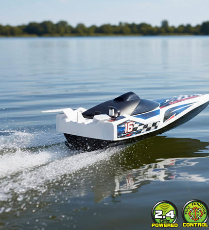 Six Maisto remote-controlled toy boats displayed together, colorful plastic boats designed for play and entertainment.
