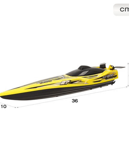 Six Maisto remote-controlled toy boats displayed on a surface, featuring colorful designs and detailed craftsmanship.