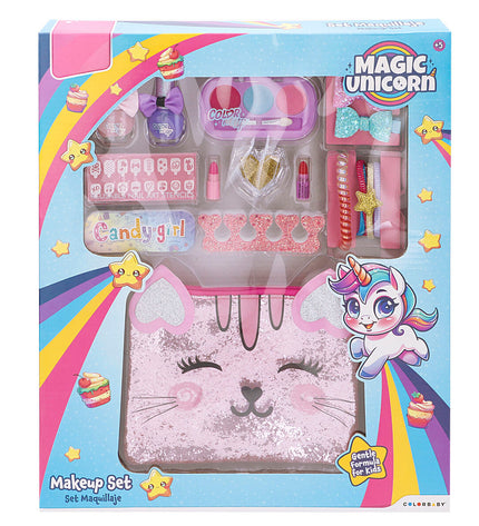 Colorbaby children's makeup set with four toy cosmetic pieces, pink and purple, designed for pretend play and imaginative fun.