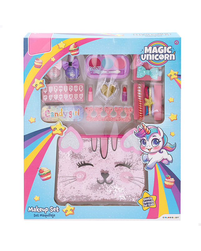 Colorbaby children's makeup set with four toy cosmetic pieces, pink and purple, designed for pretend play and imaginative fun.