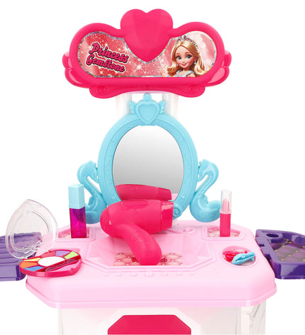 Colorbaby toy dressing table set with two miniature play makeup tables, measuring 44x67x23 cm, for imaginative role-playing.