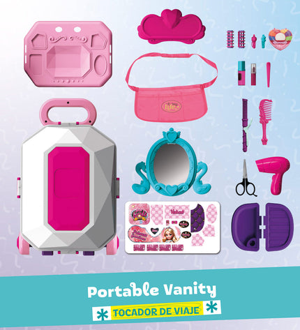 Colorbaby toy dressing table set with two pink and white pretend play tables, measuring 44x67x23 cm, for kids' imitation games.