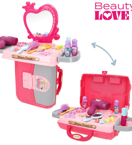 Colorbaby toy dressing table set with six pieces, featuring a colorful miniature vanity for children to imitate grooming activities.