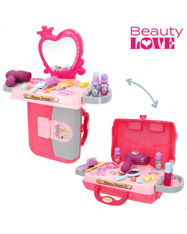 Colorbaby toy dressing table set with six pieces, featuring a colorful miniature vanity for children to imitate grooming activities.