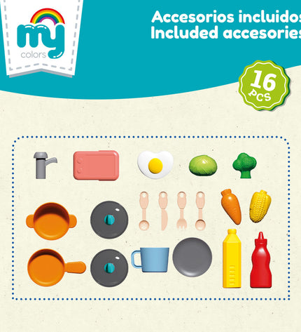 Colorbaby toy kitchen set with six pieces, measuring 40x40x23 cm, designed for imaginative play and role-playing activities.