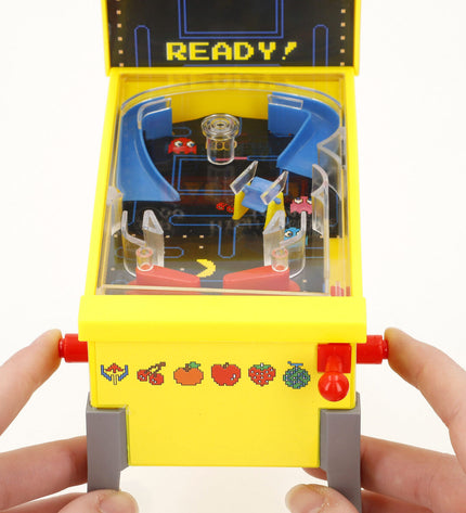Set of four Pac-Man pinball toys, colorful arcade-themed gaming accessories from the Pac-Man brand, featuring classic characters.