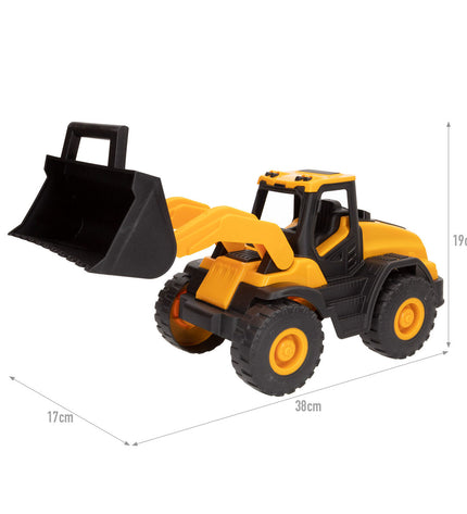 Colorbaby toy excavator set with 8 small construction vehicles in blue and yellow, detailed plastic construction toy for kids.