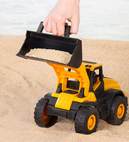 Colorbaby toy construction vehicle set with 8 colorful plastic dump trucks, measuring 38x19x17 cm, for children’s play.