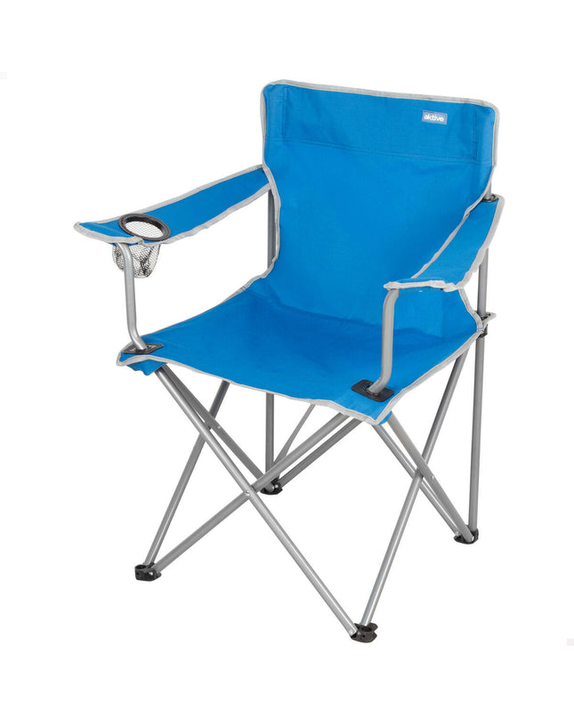 Set of four blue Aktive foldable camping chairs, lightweight and portable for outdoor, camping, and hiking activities.