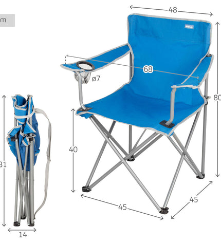 Set of four blue Aktive foldable outdoor camping chairs, 45x80x45 cm, lightweight and portable for sport and outdoor activities.