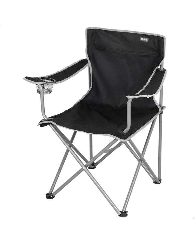 Set of four black foldable Aktive outdoor chairs, 45x80x45 cm, suitable for camping, hiking, and outdoor activities.
