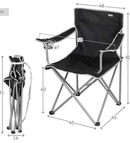 Set of four Aktive black folding camping chairs, 45x80x45 cm, suitable for outdoor activities like hiking and camping.